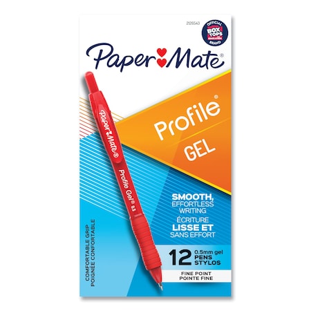 PAPER MATE Profile Gel Pen, Retractable, Fine 0.5 mm, Red Ink, Translucent Red Barrel, PK12, 12PK 2126543